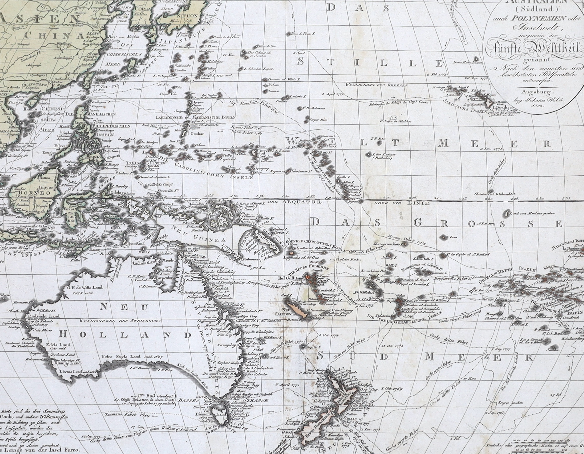 Johannes Walch, (German, 1757-1815), hand-coloured map of Australia and New Zealand, publ. 1802, 48 x 60cm